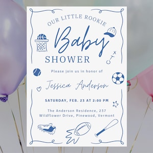 A sports-themed baby shower invitation made with baseball, basketball, soccer, and football illustrations.