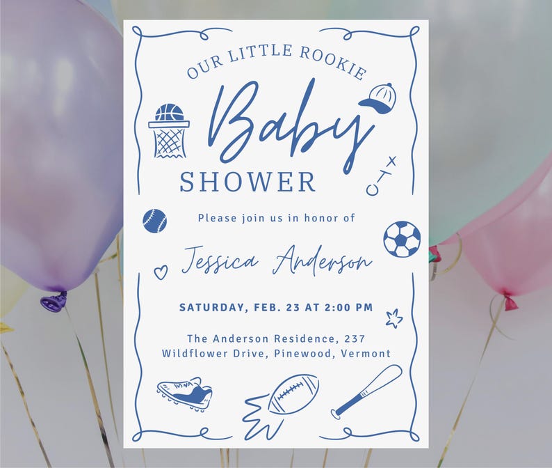 A sports-themed baby shower invitation made with baseball, basketball, soccer, and football illustrations.
