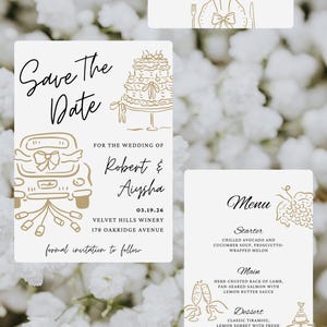 Handdrawn Wedding Clipart Bundle used on a save the date, dinner menu, and name card.