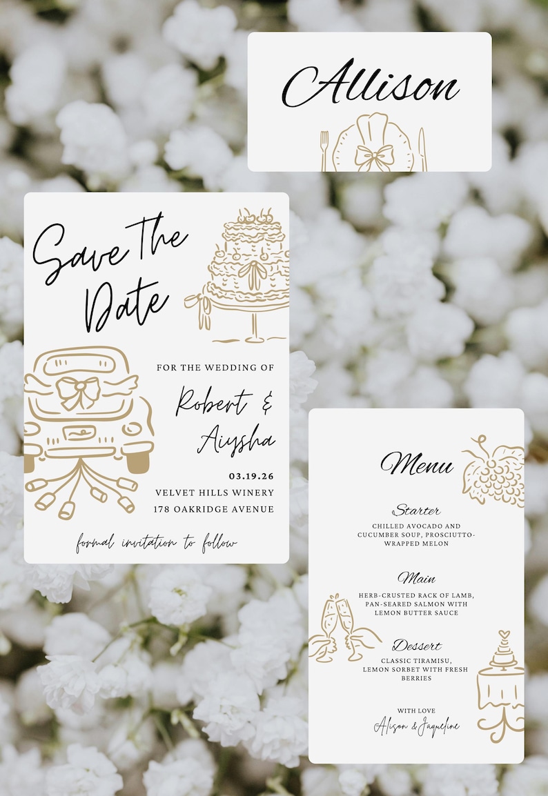 Handdrawn Wedding Clipart Bundle used on a save the date, dinner menu, and name card.