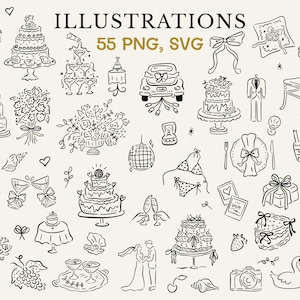 This wedding clipart bundle includes 55 illustrations as pngs and svgs.