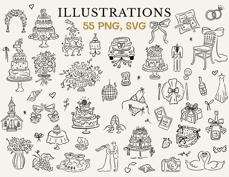 This wedding clipart bundle includes 55 illustrations as pngs and svgs.