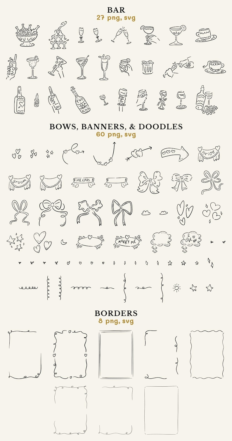 Bar, borders, and bows, banners, and doodles clipart.