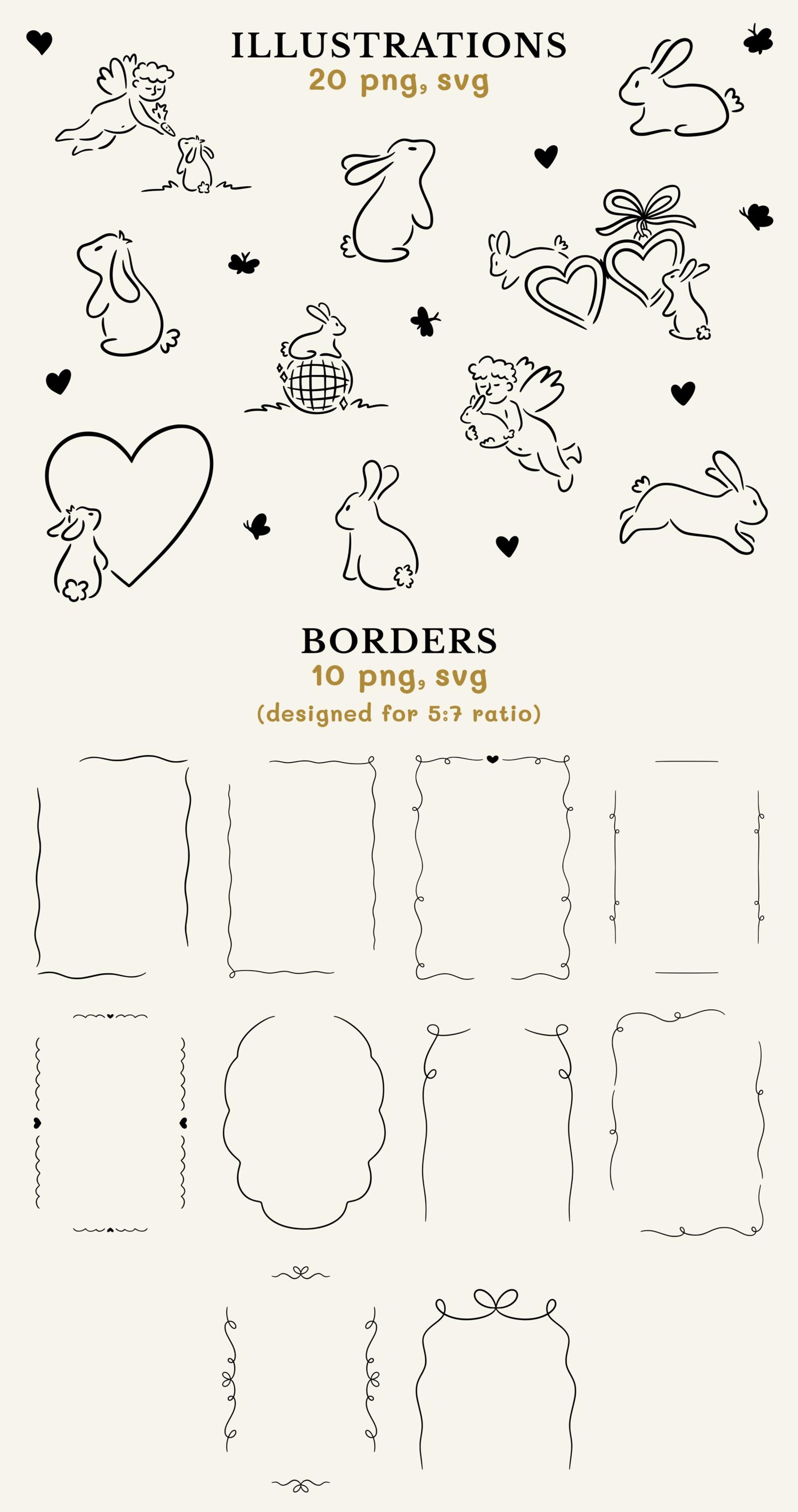 Hand Drawn Bunny SVG PNG Bundle, Rabbit Clipart, Whimsical Borders ...