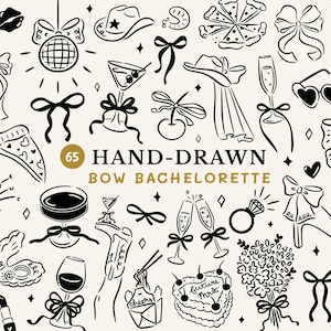 May include: A collection of hand-drawn black and white illustrations featuring bachelorette party themes. Includes bows, disco ball, martini glasses, cowboy hats, champagne flutes, and a cake. Text reads "65 HAND-DRAWN BOW BACHELORETTE."