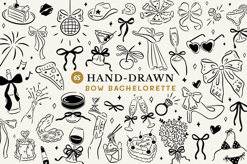 Hand drawn bow bachelorette 65 piece clipart bundle including illustrations of bows, bouquets, cocktails, and other decorative elements.