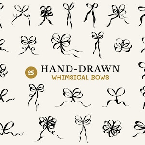 Hand Drawn Bow SVG Bundle, Doodle Coquette Bow PNG, Handdrawn Ribbon Clipart for Whimsical Wedding, Bridal Shower, and Birthday Invitations