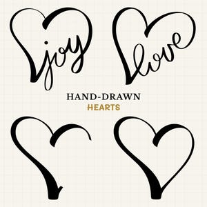 May include: Four hand-drawn heart shapes with the words "joy" and "love" written inside two of the hearts.