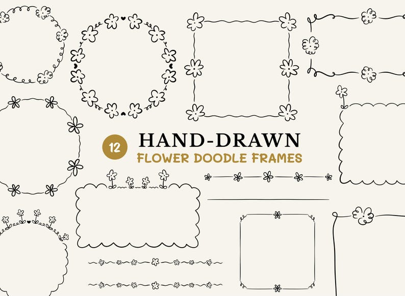 12 Hand Drawn Whimsical Flower Frame SVGs as a Digital Download.