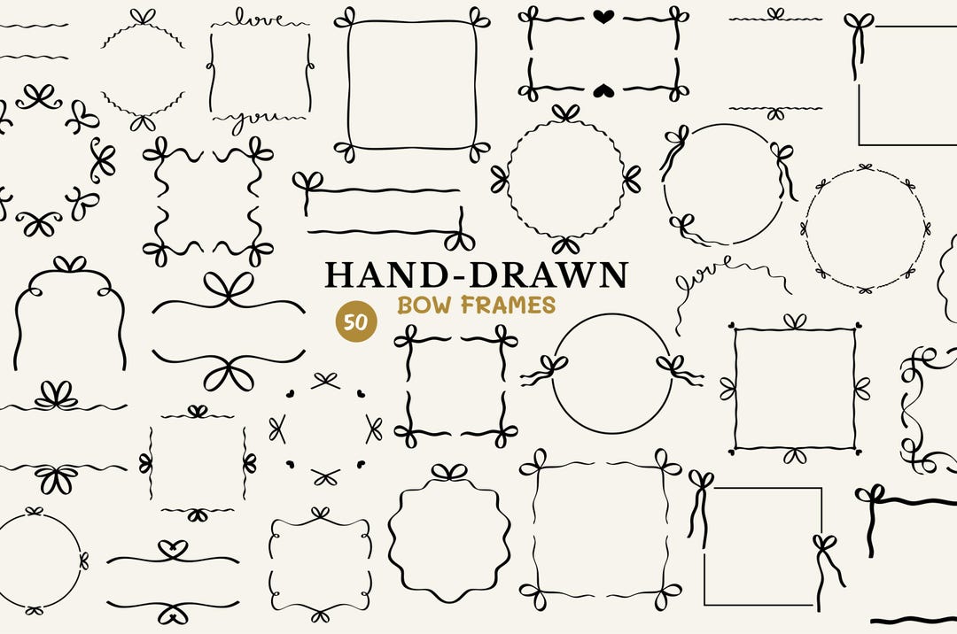 Hand Drawn Bow Frame Clipart Bundle Doodle Wedding Border Wavy Squiggle ...