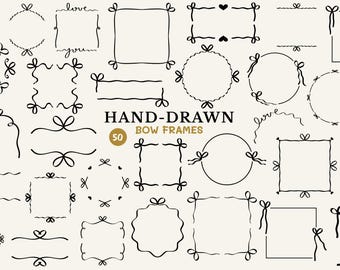 May include: A set of 50 hand-drawn bow frames in black. The frames are in various shapes, including circles, squares, and rectangles. Some frames include hearts and the words "love" and "you".