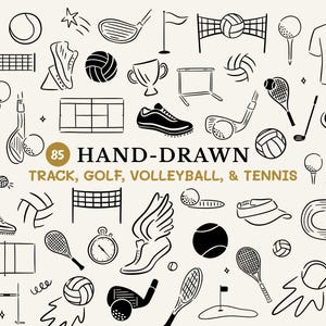May include: A black and white illustration set of 85 hand-drawn sports icons. The icons include track, golf, volleyball, and tennis equipment and apparel.