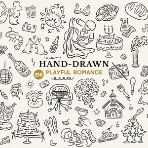 Puede incluir: Ilustraciones dibujadas a mano en blanco y negro de artículos relacionados con la boda, que incluyen un pastel, una iglesia, un ramo, un automóvil, una bola de discoteca, un par de palomas y un arco de boda. El texto "HAND-DRAWN 258 PLAYFUL ROMANCE" está en la parte superior de la imagen.
