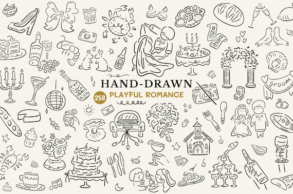 Hand Drawn Wedding Doodle SVG Bundle, Cute Food Clipart, Bridal PNG for Bachelorette Invitation, Whimsical Wedding Itinerary & Dinner Menu
