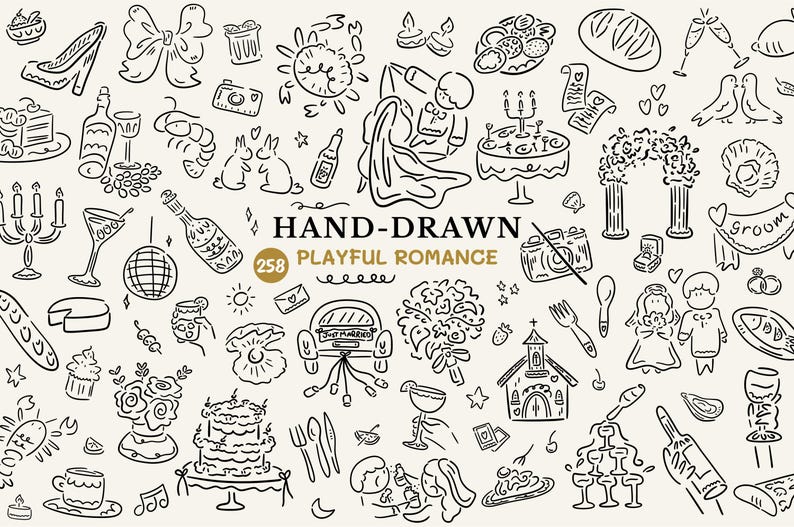 Hand drawn whimsical wedding clipart bundle of 258 illustrations including food, candles, and brides and grooms.