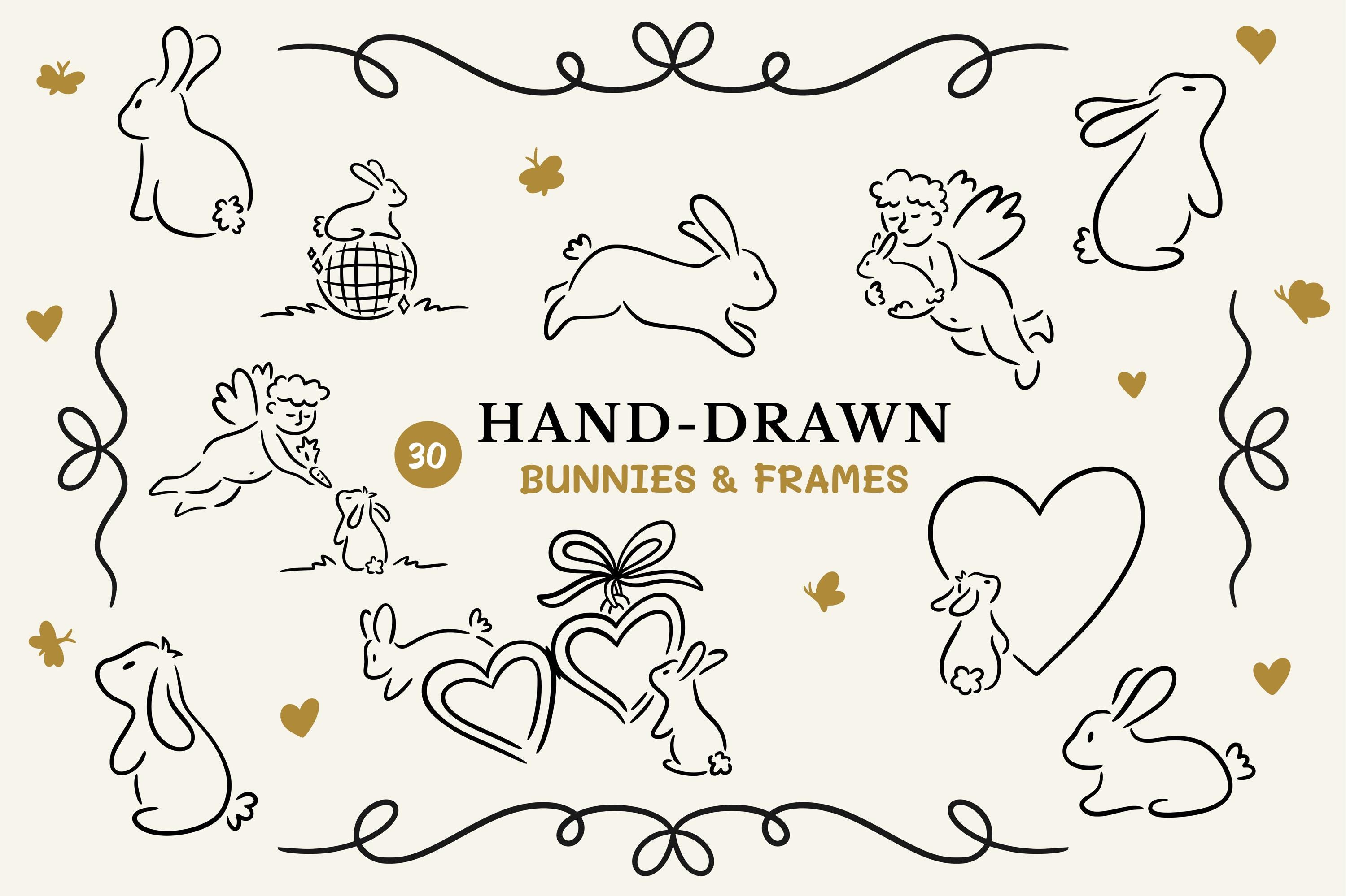Hand Drawn Bunny SVG PNG Bundle, Rabbit Clipart, Whimsical Borders ...