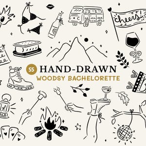 May include: Black and white hand-drawn illustrations of various camping and bachelorette party themed items, including a tent, a campfire, a mountain range, a van, a bride-to-be sash, a glass of wine, a pair of hiking boots, a lantern, a s'mores, a deck of cards, and a disco ball. The text "HAND-DRAWN WOODSY BACHELORETTE" is included in the image.