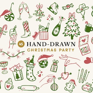 Könnte beinhalten: Handgezeichnete Weihnachtsfeier-Illustrationen in Rot und Grün. Das Bild zeigt 45 festliche Kritzeleien, darunter einen Weihnachtsbaum, Sektgläser, einen Schneemann und einen Cowboyhut. Der Text lautet "HAND-DRAWN CHRISTMAS PARTY."