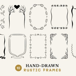 Bundle de cadre Invitation rustique dessinés à la main, Illustrations de bordure de faire-part de mariage, bordure fleurie PNG, Clipart cadre Doodle dessinés à la main