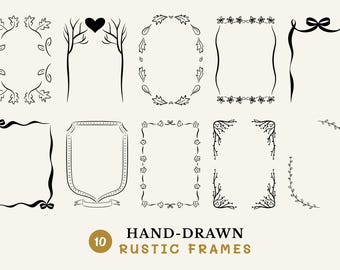 May include: Set of 10 hand-drawn rustic frames in black ink. The frames feature various designs, including floral, leafy, and ribbon elements.