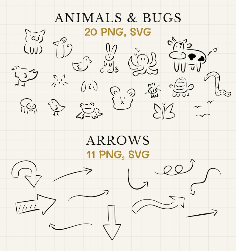 Animal SVGs and arrow SVGs.