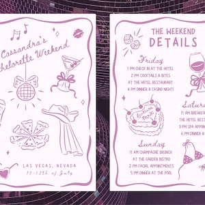 A bachelorette invitation and itinerary designed with the whimsical clipart.