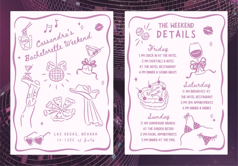 A bachelorette invitation and itinerary designed with the whimsical clipart.