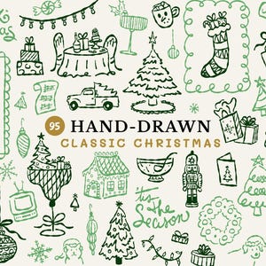 Könnte beinhalten: Handgezeichnete Weihnachtsbilder in Grün und Schwarz, darunter Bäume, Ornamente, Geschenke und festlicher Text. Das Bild enthält den Text "95 HAND-DRAWN CLASSIC CHRISTMAS" und "merry christmas".