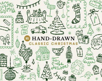 Handgetekende kerstclipart, grappige kerstillustraties, handgetekende vakantiedoodles, schattige winter-SVG
