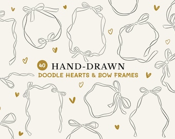 Whimsical Bow Frames SVG PNG Bundle, Hand Drawn Heart Doodles, Ribbon Border Clipart for Wedding, Bachelorette, & Bridal Shower Invitation