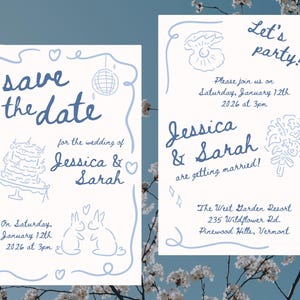 A save the date and wedding invitation using the hand drawn wedding clipart.