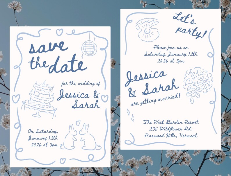 A save the date and wedding invitation using the hand drawn wedding clipart.