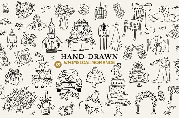 Hand Drawn Whimsical Wedding Illustrations, Handdrawn Wedding Clipart Bundle Wedding Doodles for Invitation, Timeline, Save the Date, Bridal