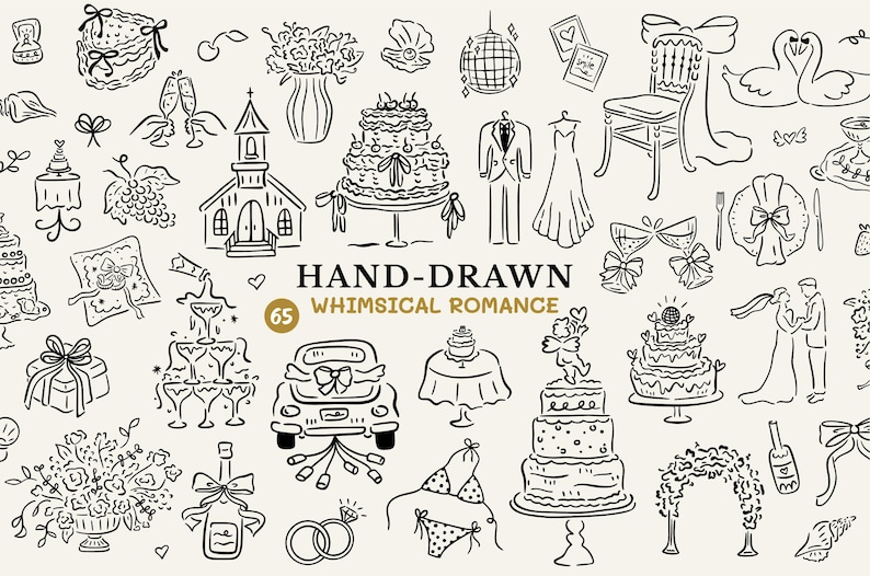 Hand Drawn Whimsical Wedding Illustrations for Wedding Invitation, Wedding Timeline, Save the Date, and Bridal Shower Invites.