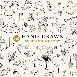 May include: A black and white hand-drawn illustration set of 145 wedding-themed images. The set includes images of swans, wedding rings, champagne glasses, flowers, a wedding cake, a wedding dress, and more.