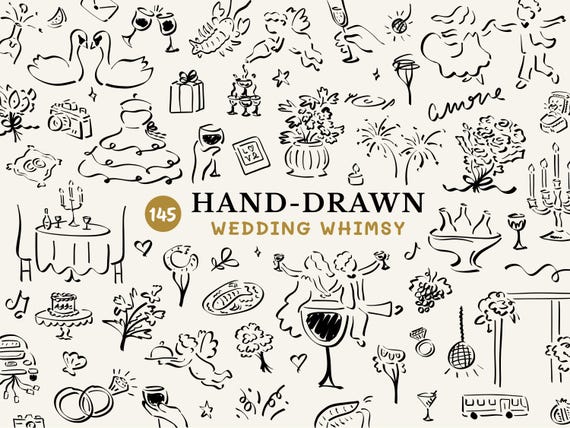 Hand Drawn Wedding Doodle Clipart SVG Bundle, Handdrawn Icons for Whimsical Wedding Invitation, Menu, Sign, Timeline, Bridal, Save the Date