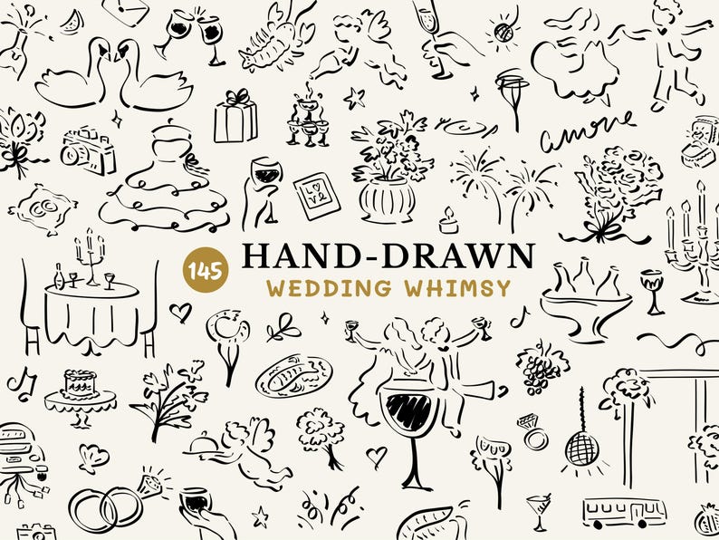 Hand drawn wedding whimsy clipart bundle with 145 wedding themed svgs and pngs in a whimsical style.