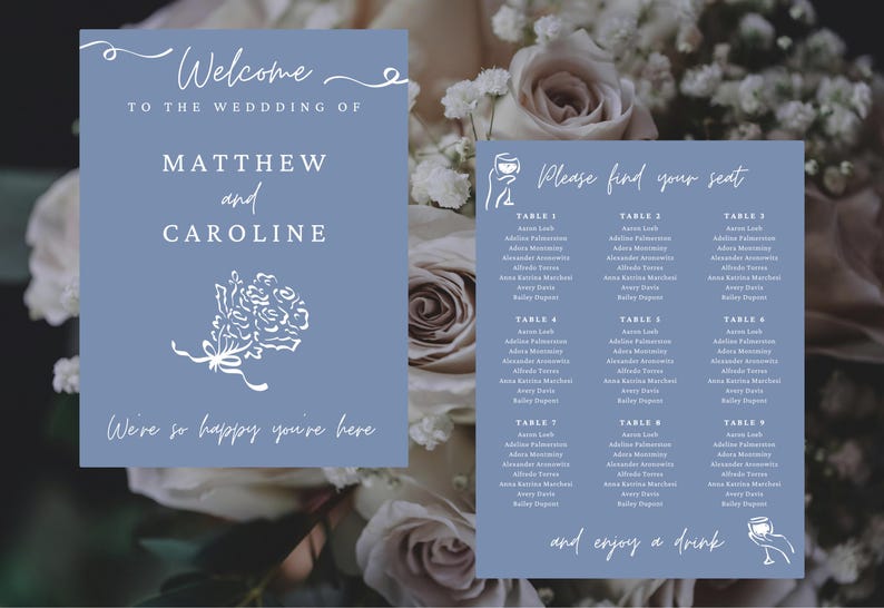 A wedding welcome sign and seating chart using the quirky, hand drawn clipart.