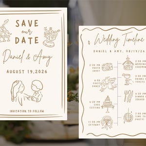 A wedding save the date and timeline using the playful wedding doodles.