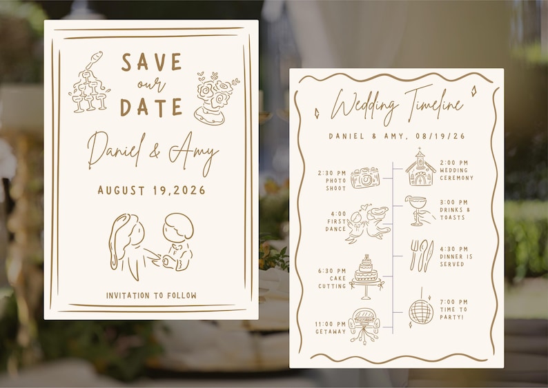A wedding save the date and timeline using the playful wedding doodles.