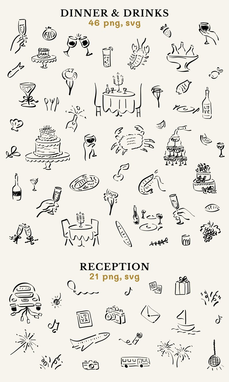Reception, dinner, and bar themed clipart.