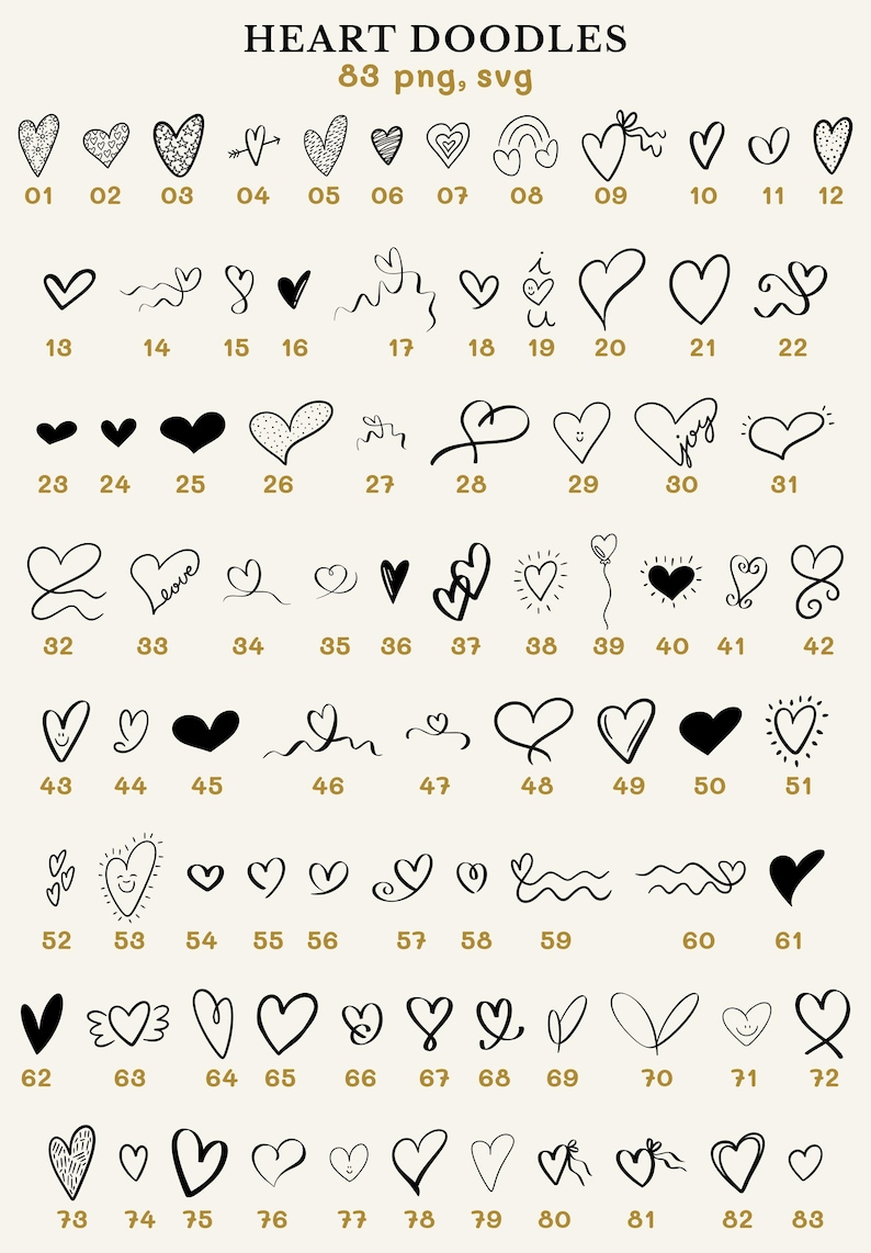 83 hand drawn hearts in a whimsical, doodle style.
