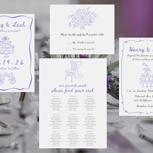 Whimsical wedding icons used on a save the date, wedding invitation, RSVP card, and seating chart.