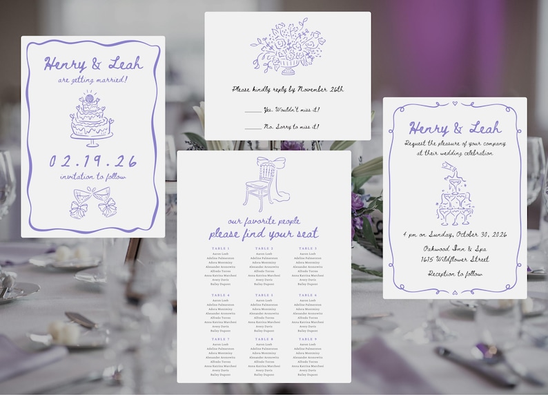 Whimsical wedding icons used on a save the date, wedding invitation, RSVP card, and seating chart.