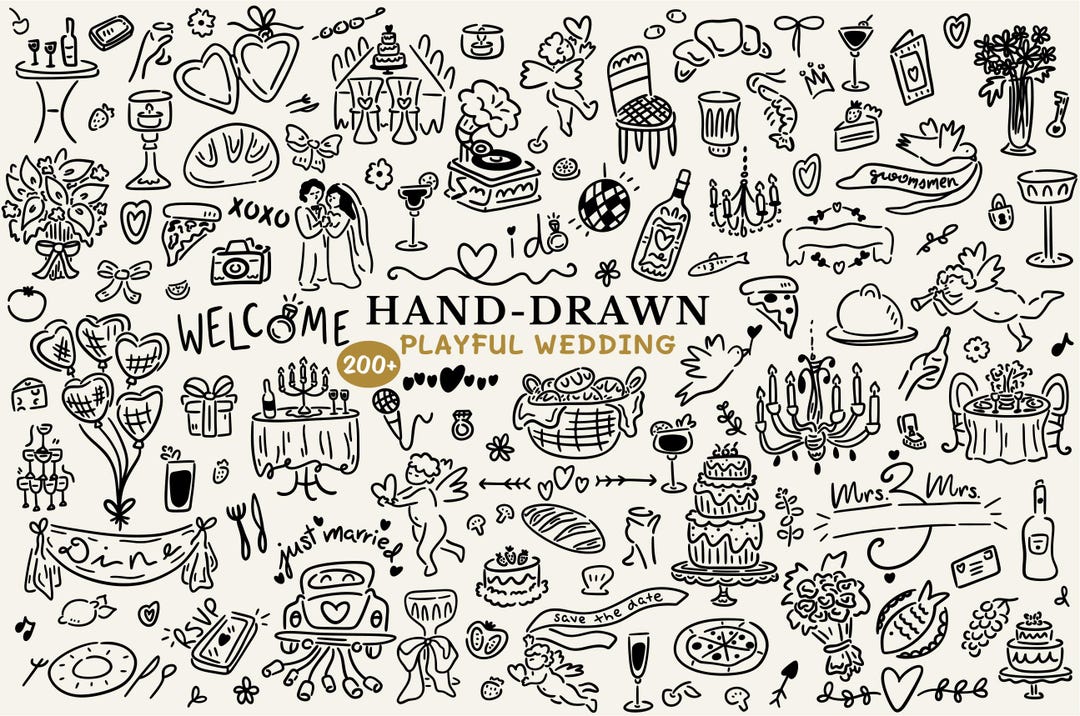 Hand Drawn Whimsical Wedding Clipart Bundle, SVG Doodles for Wedding ...