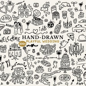 Handgezeichnetes, skurriles Hochzeit Clipart Bundle, SVG Doodles für Hochzeitseinladung, Menü, Timeline, Save the Date, Brautschmuck, Bachelorette, Bar