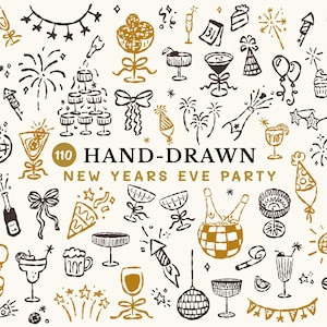May include: Hand-drawn New Year's Eve party illustrations in black and gold. The image features champagne glasses, fireworks, party hats, balloons, and other festive elements. Text reads "110 HAND-DRAWN NEW YEARS EVE PARTY."