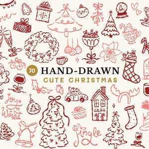Può includere: Illustrazioni natalizie disegnate a mano in rosso e rosa su sfondo crema. L'immagine include disegni di alberi di Natale, ornamenti, regali, un pupazzo di neve e il testo "Hand-Drawn Cute Christmas".