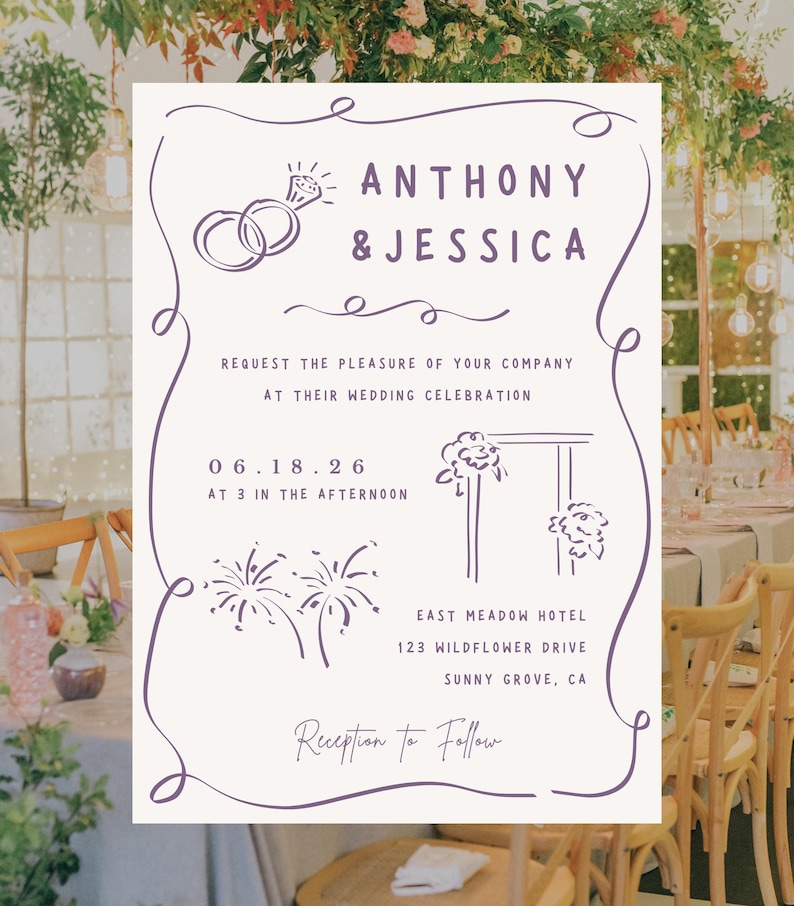 Hand drawn wedding clipart used on a wedding invitation.