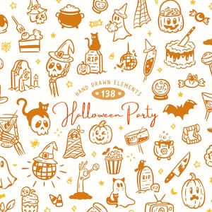 Hand Drawn Halloween Party Clipart, Spooky Season SVG Bundle, Cute Halloween Doodles, Witchy PNG